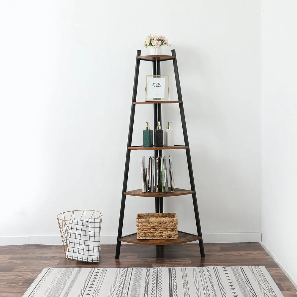 Space Saving Furniture-Industrial Corner Ladder Shelf 5 Tier Bookcase A-Shaped Doba smaller living