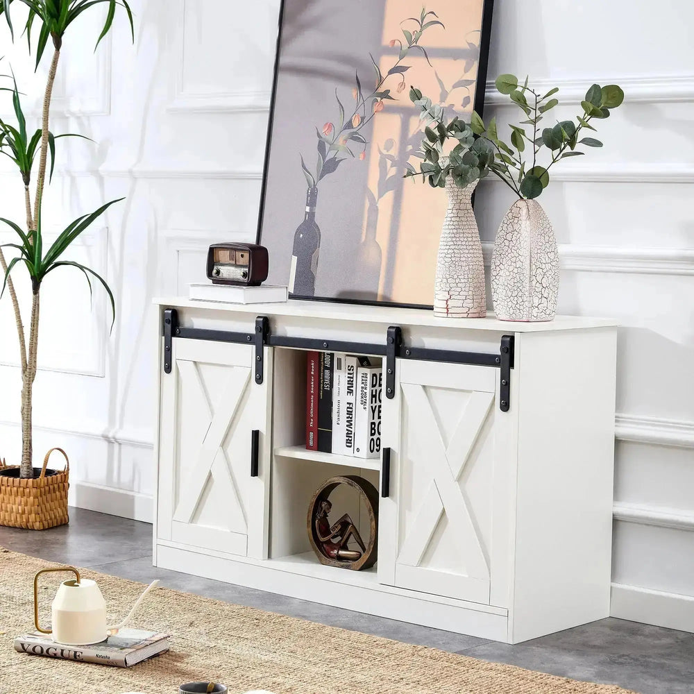 White Wooden TV Storage Cabinet with Sliding Barn Doors - smaller living