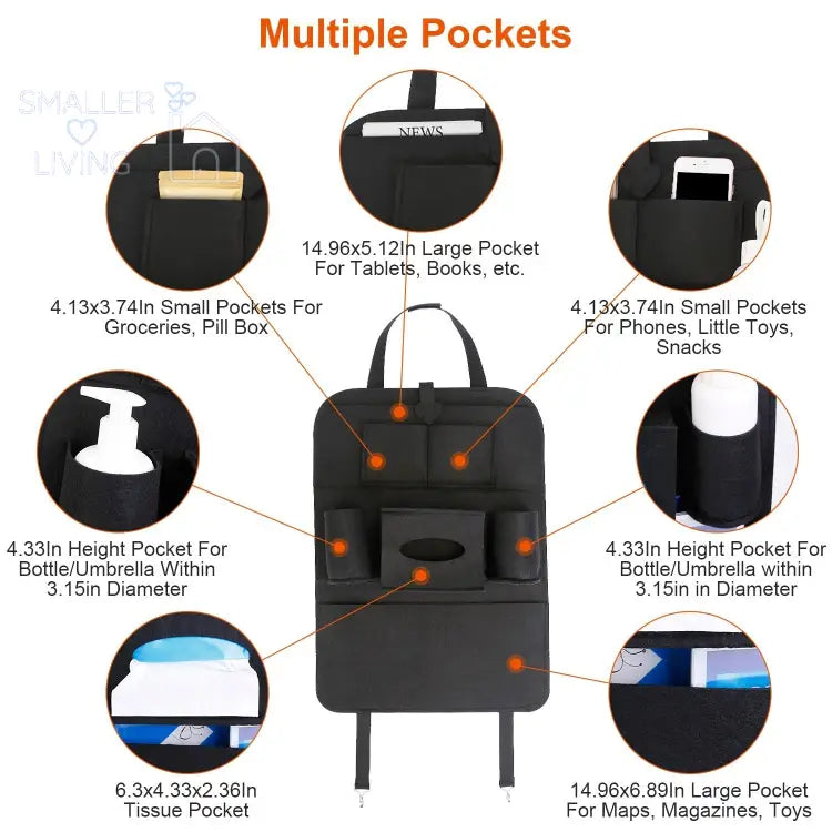 Car Backseat Organizer Multi-pocket Storage Bag 2Pcs - Black