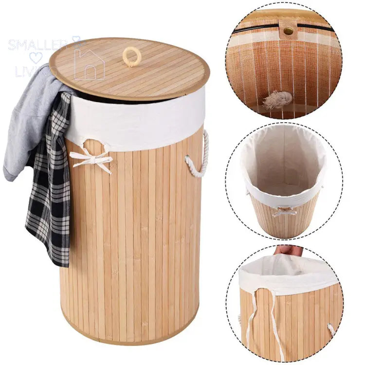 Barrel Type Bamboo Folding Basket Body with Cover Wood Color