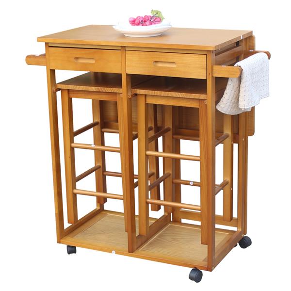 Dining Sets for Small Spaces-Solid Wood Folding Dining Cart w/Stools - smaller living