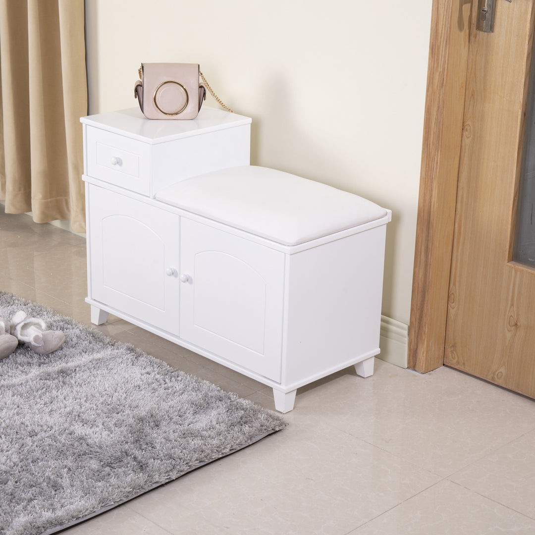 Wooden Shoe Storage Ottoman Cabinet with Drawer; White